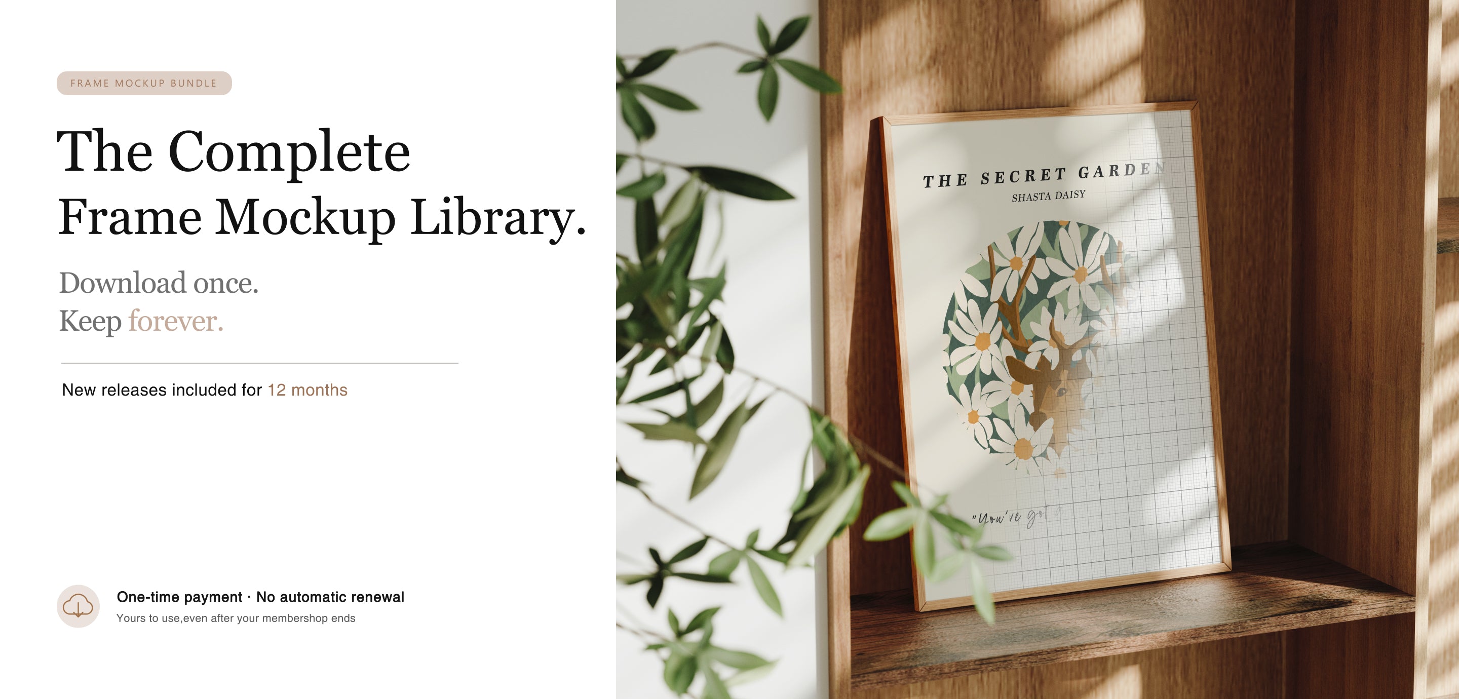 Complete frame mockup library with one-time payment, 12 months of new releases, and a sunlit wood frame artwork scene