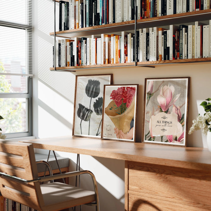 set of three 3x4 wood frame mockups leaning on a desk for wall art