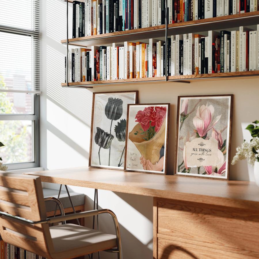set of three 3x4 wood frame mockups leaning on a desk for wall art