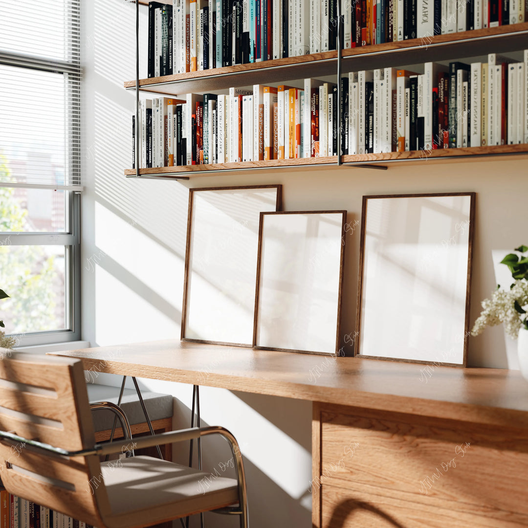 minimal wood frame mockups leaning on desk in a neutral interior