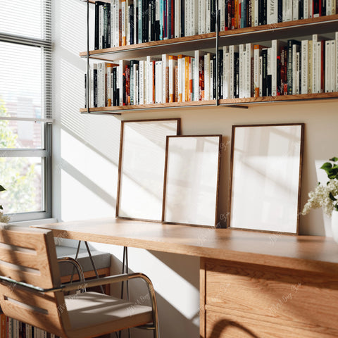 minimal wood frame mockups leaning on desk in a neutral interior