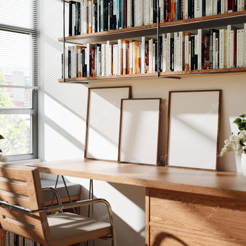 three frame wall art mockup with editable Photoshop smart objects
