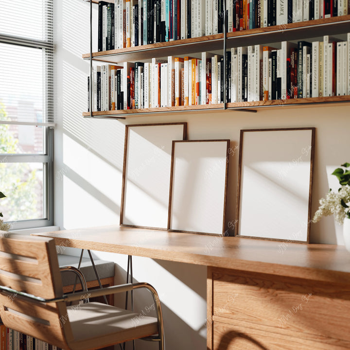 three frame wall art mockup with editable Photoshop smart objects