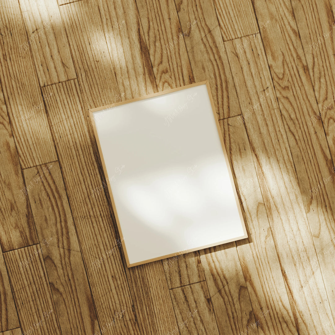 Wood Frame Mockup on Floor,3x4 Ratio Boho Frame Mock-Up,Art Print Display,Print Poster Art Mockup,Modern Minimal Interior Art Mockup Psd