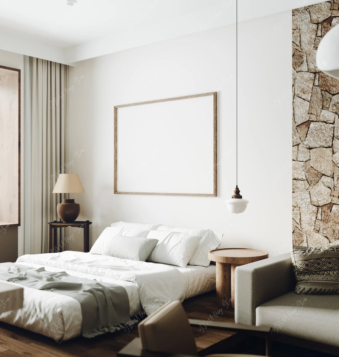 4x3 Horizontal Wall Art Mockup in Bedroom,Psd Template
