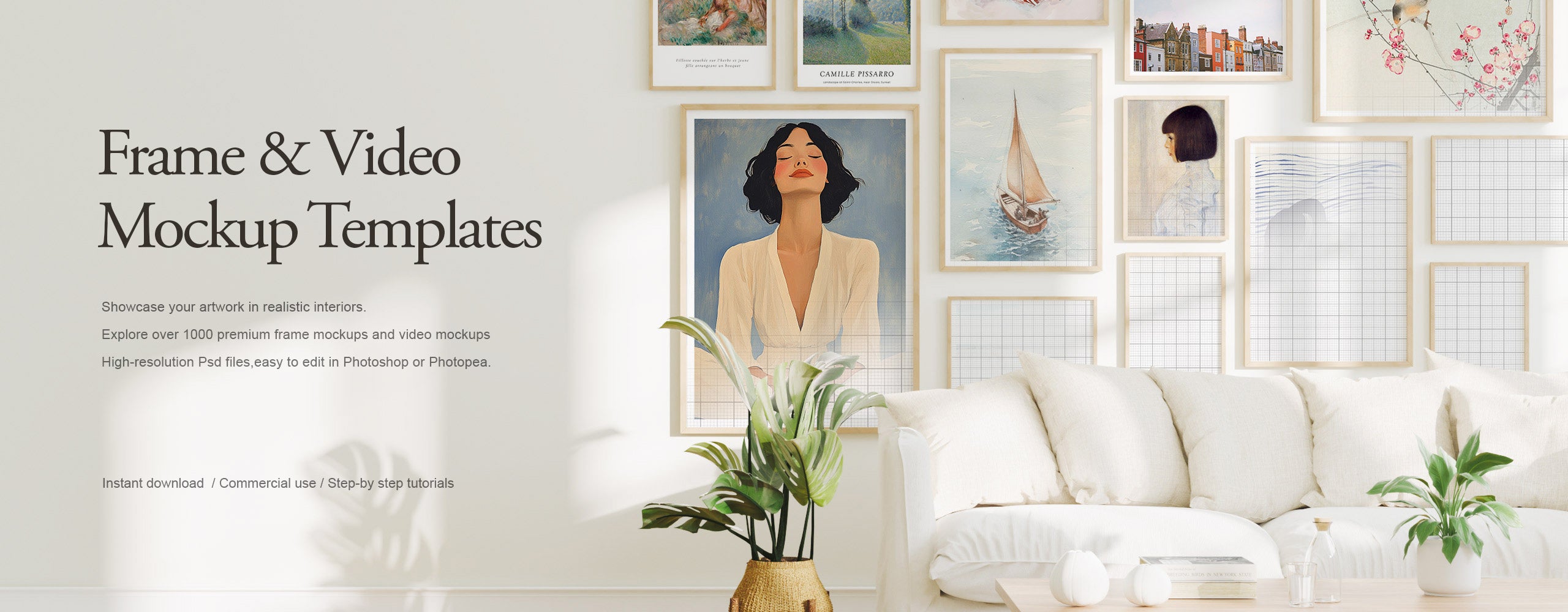 Bright living room with a white sofa and gallery wall showcasing framed artwork and frame mockup templates.
