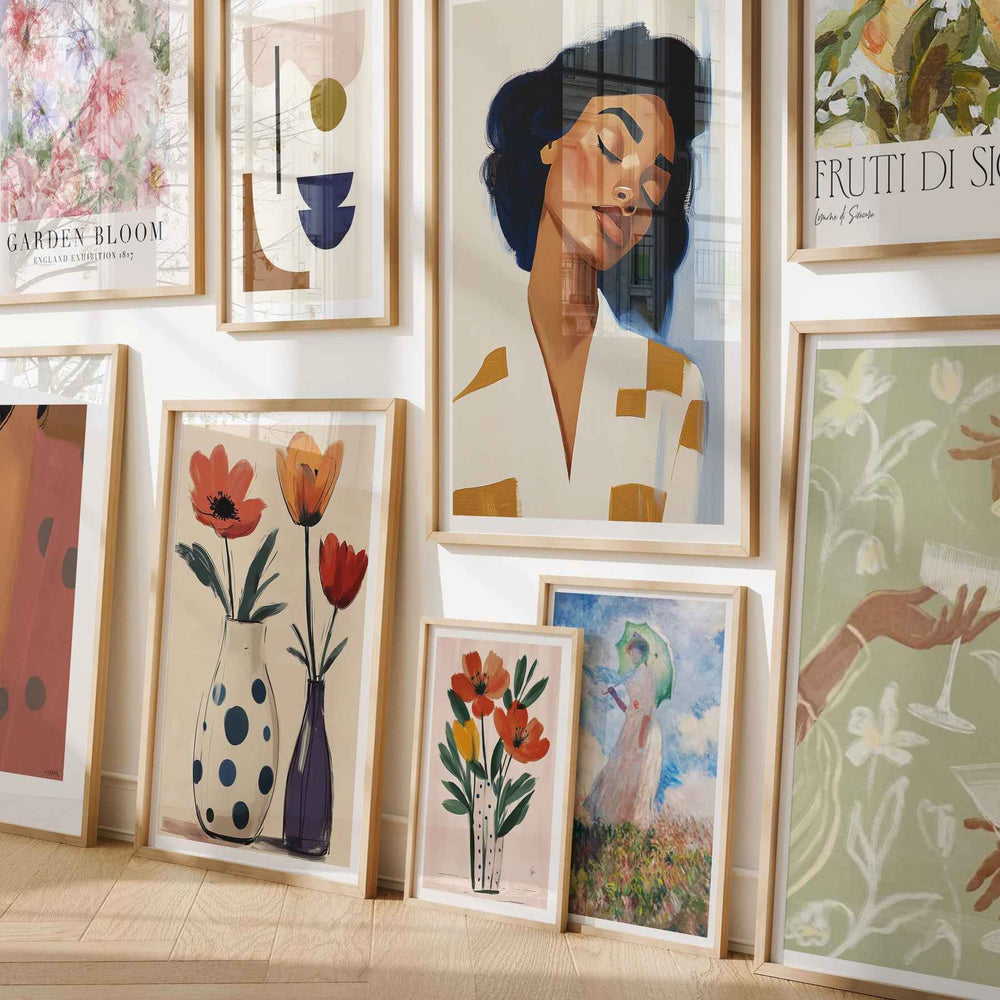 Gallery frame art mockup interior scene with multiple wall frames, digital poster and wall art display template for designers and creatives