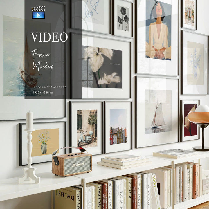 Animated 13 Black Frame Gallery Wall with Mats - video mockup product information
