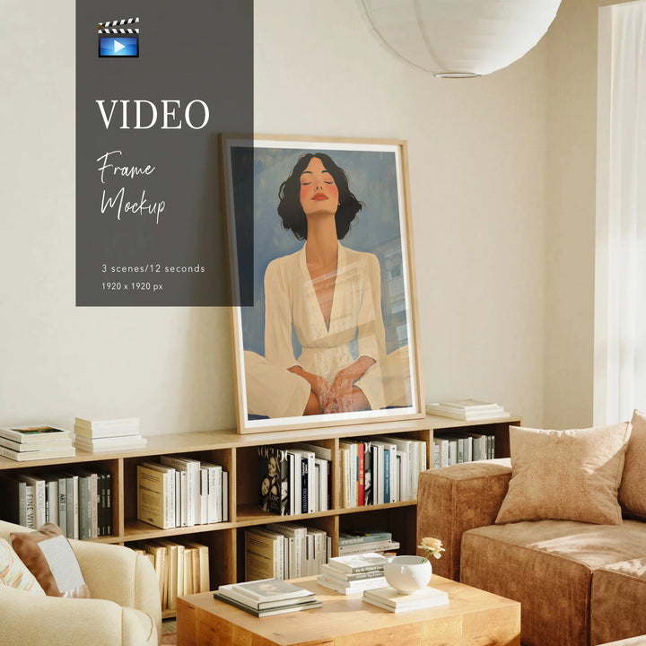 Animated oak wood frame mockup in Scandinavian living room - video product information