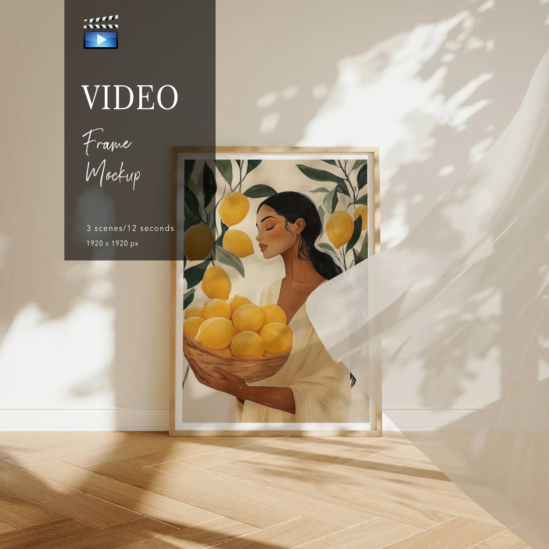 Animated Oak Wood Frame in Sunlit Room - video mockup product information