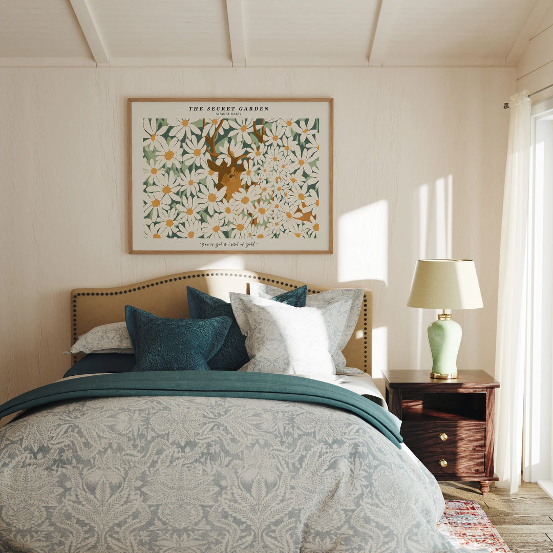 Bedroom Wood Frame Mockup, Horizontal 4x3 Ratio Wall Art (PSD Download)