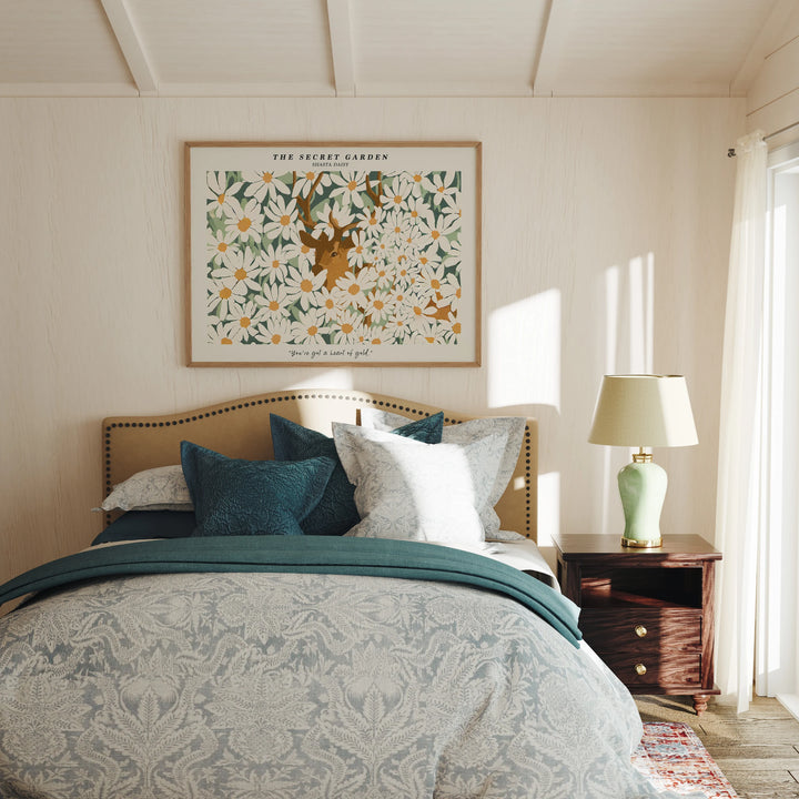 Bedroom Wood Frame Mockup, Horizontal 4x3 Ratio Wall Art (PSD Download)