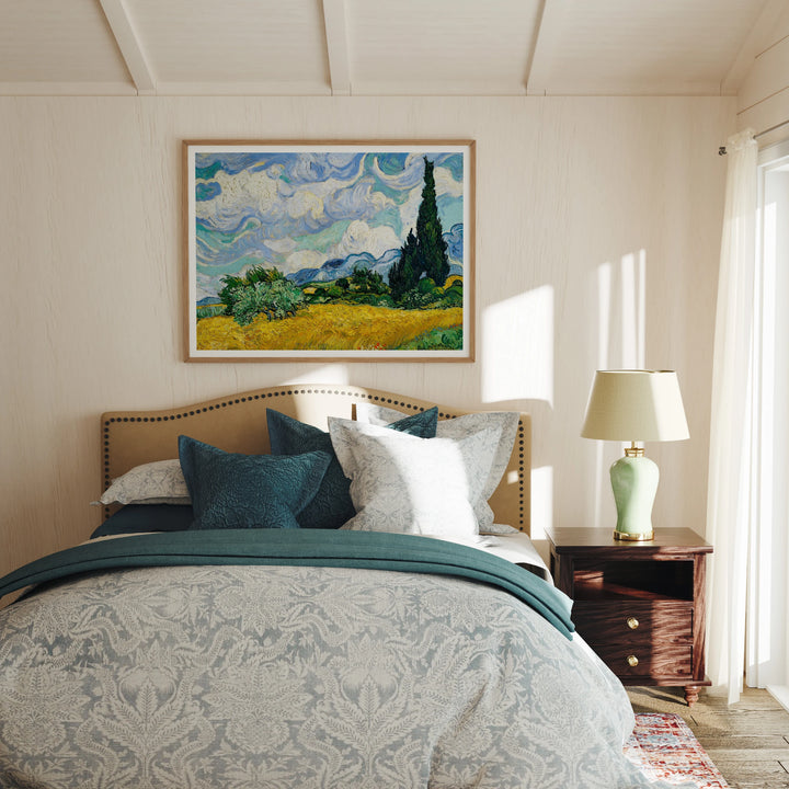 Bedroom Wood Frame Mockup, Horizontal 4x3 Ratio Wall Art (PSD Download)