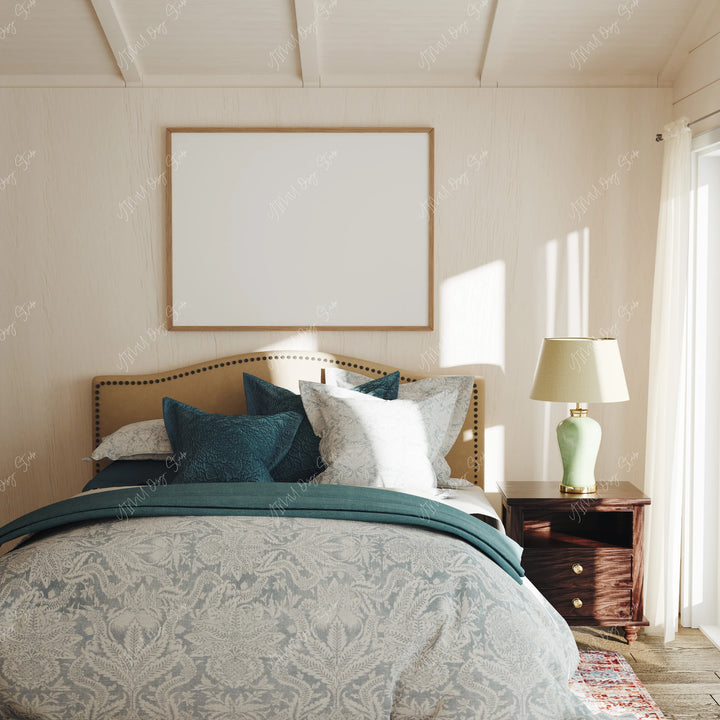 Bedroom Wood Frame Mockup, Horizontal 4x3 Ratio Wall Art (PSD Download)