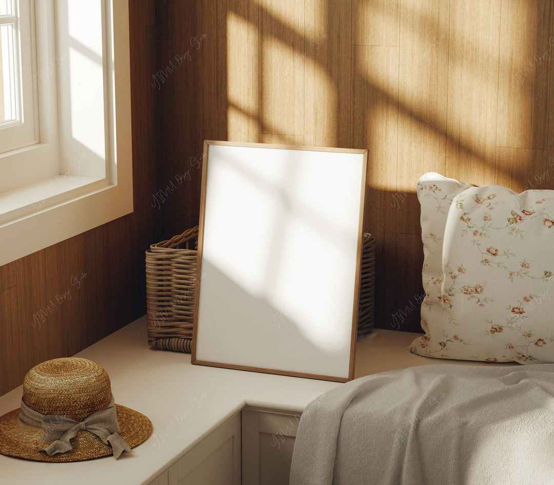 3x4 Wood Frame Mockup in Living Room,Vertical Boho Frame Mock-Up in Home Interior