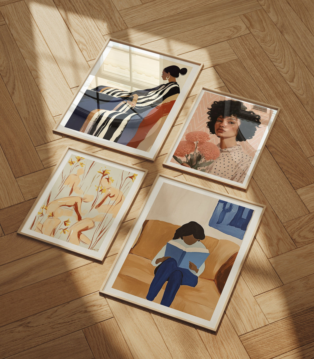 Set of 4 Wood Frames Mockup on Wooden Floor,3x4 Ratio Wood Frame Mock-Up,Digital Templates