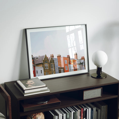 Animated black frame video mockup for 14x11 horizontal artwork with 4 scenes