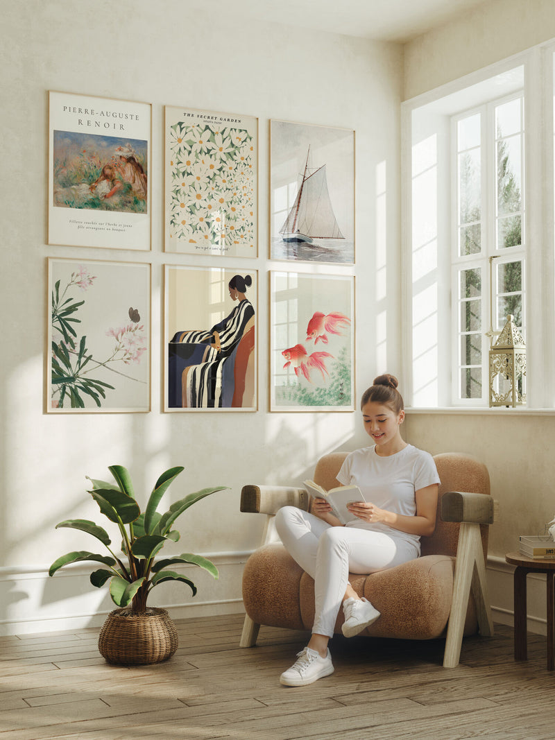 Gallery Wall Frames  Mockup with Person,6 Frames DIN A Wood Frame,Wall Art Mockup,Psd Smart Object