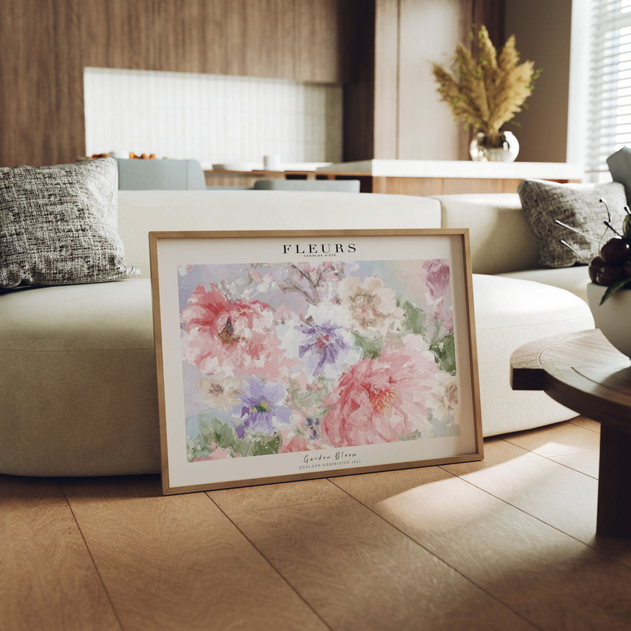 7x5 horizontal wood frame mockup in living room for wall art preview