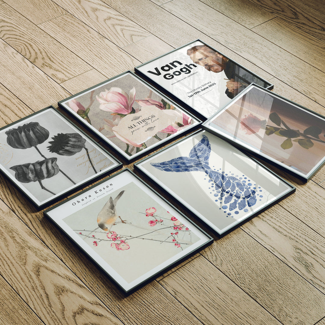 Set of 6 Black Frame Mockup on Wood Floor with Reflection,3x4 Picture Frame Mockup