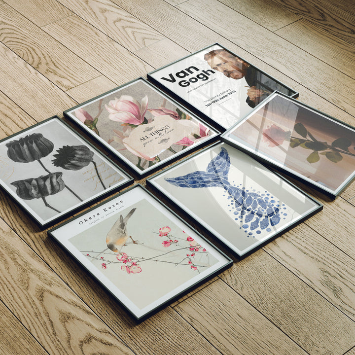 Set of 6 Black Frame Mockup on Wood Floor with Reflection,3x4 Picture Frame Mockup