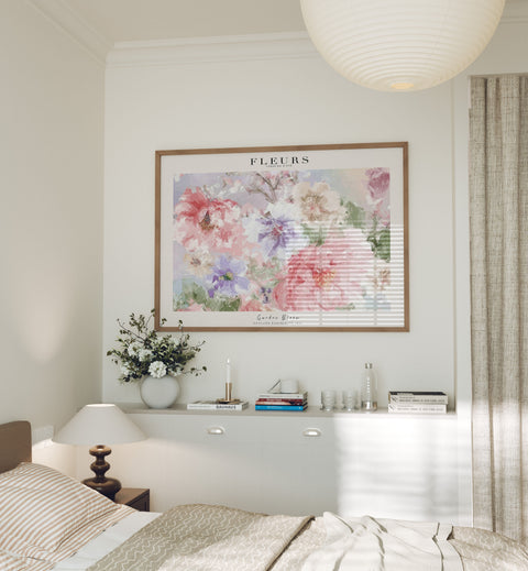 7x5 horizontal wood frame mockup in bedroom with reflection
