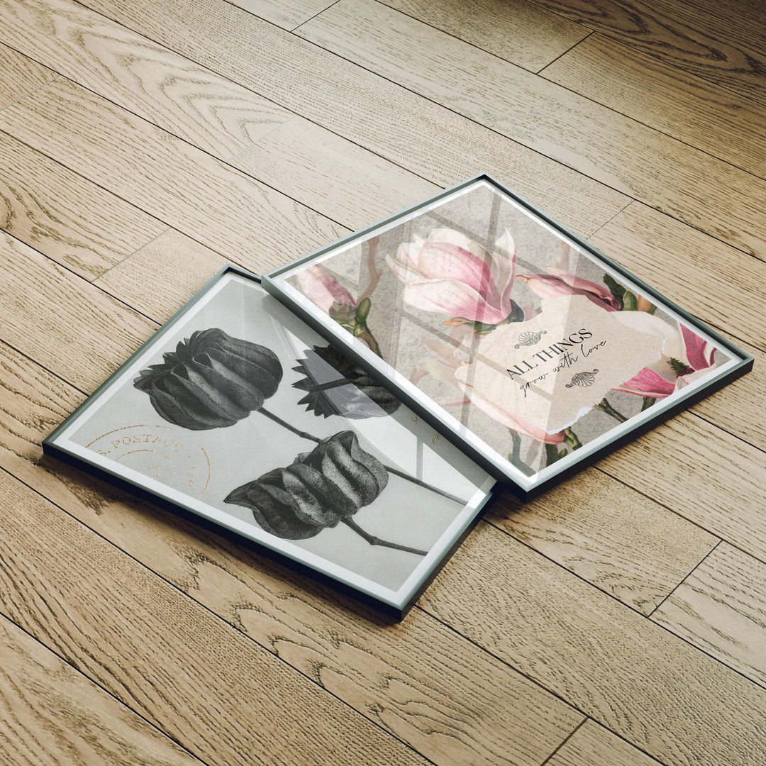 Set of 2 Black Frame Mockup on Wood Floor with Reflection,3x4 Picture Frame Mockup