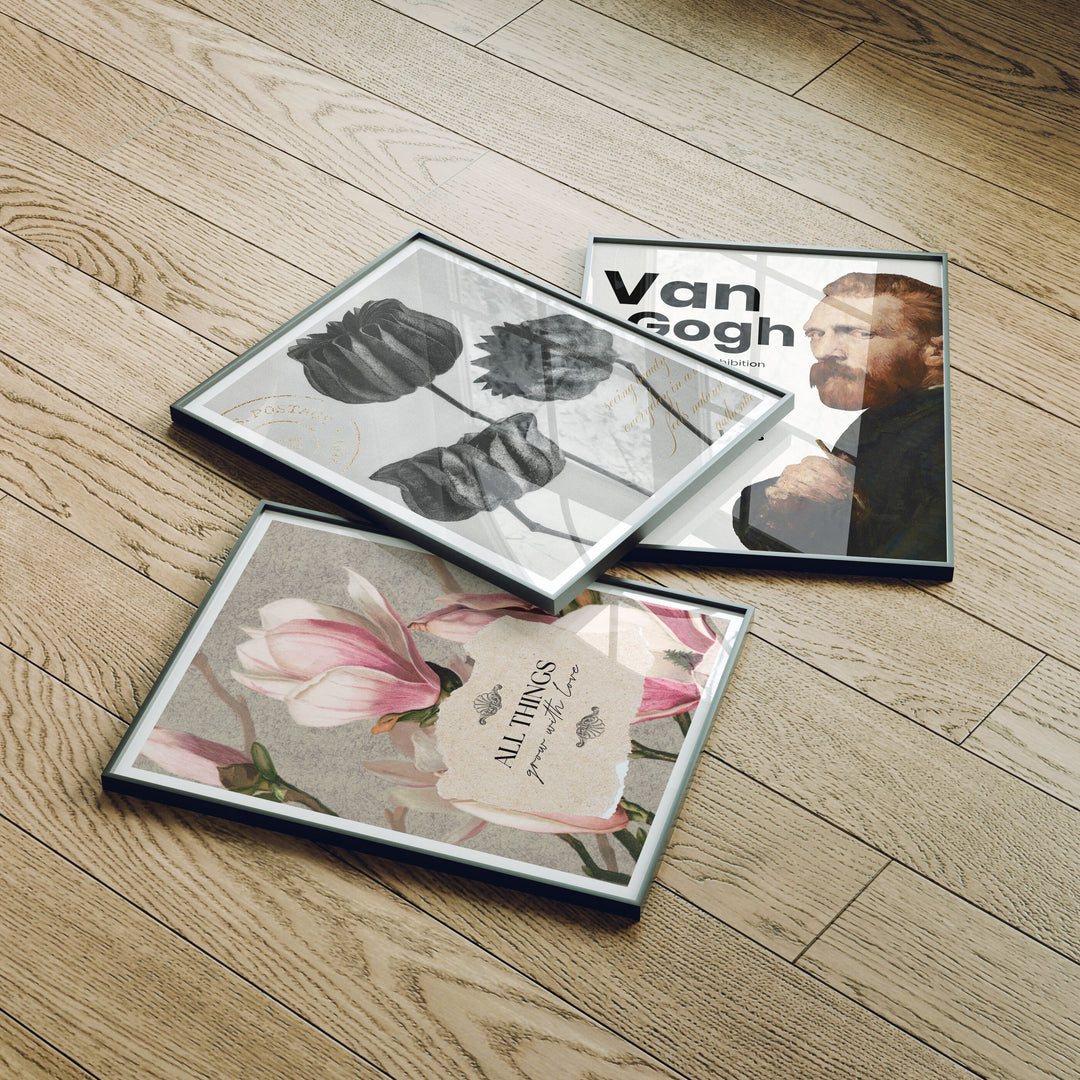 Set of 3 Black Frame Mockup on Wood Floor with Reflection,3x4 Picture Frame Mockup