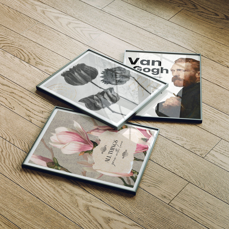 Set of 3 Black Frame Mockup on Wood Floor with Reflection,3x4 Picture Frame Mockup