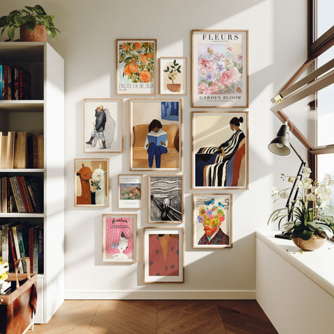 Set of 12 gallery wall frame mockups with 5x7 wood frames for wall art collection