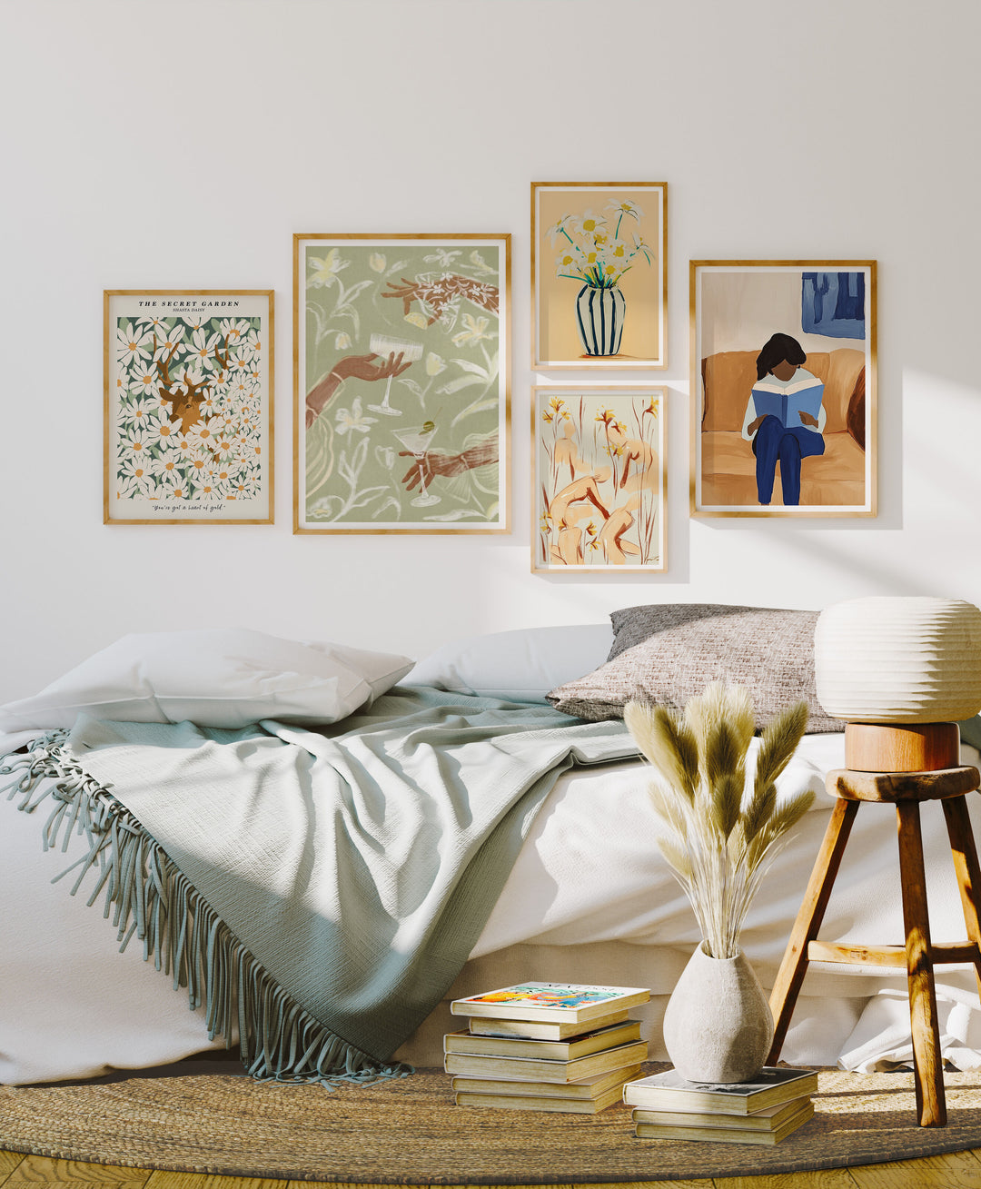 5 Frames Gallery Wall Mockup in Bedroom,Wall Art Mockup