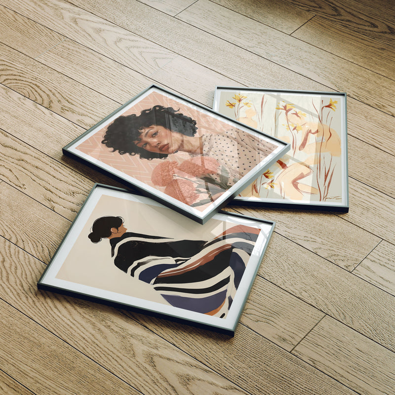 Set of 3 Black Frame Mockup on Wood Floor with Reflection,3x4 Picture Frame Mockup