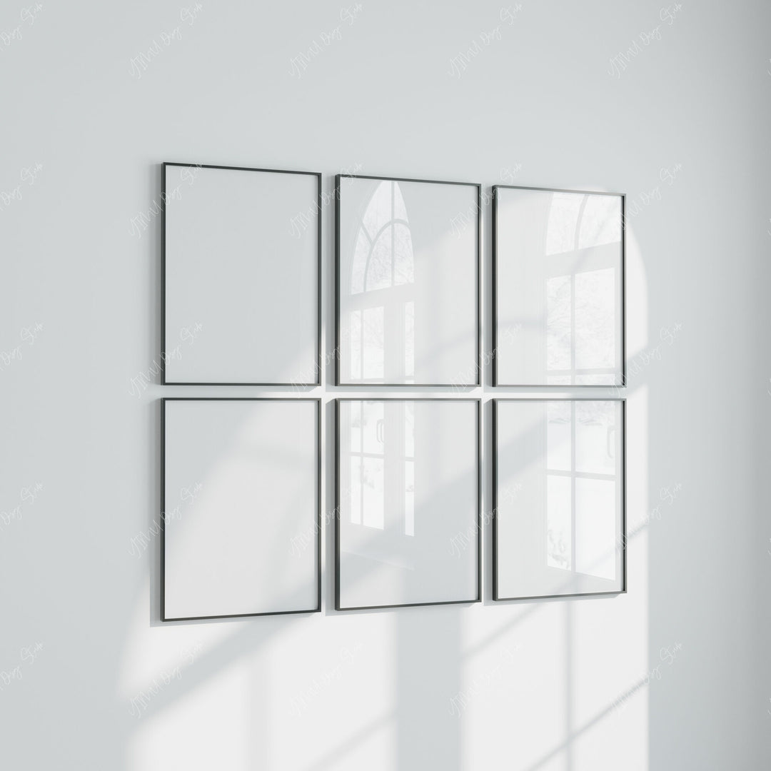 Minimalist Gallery Frame Mockup,6 Frames Black Frame Mockup With Blank Background,3x4 Vertical Frame Mockup