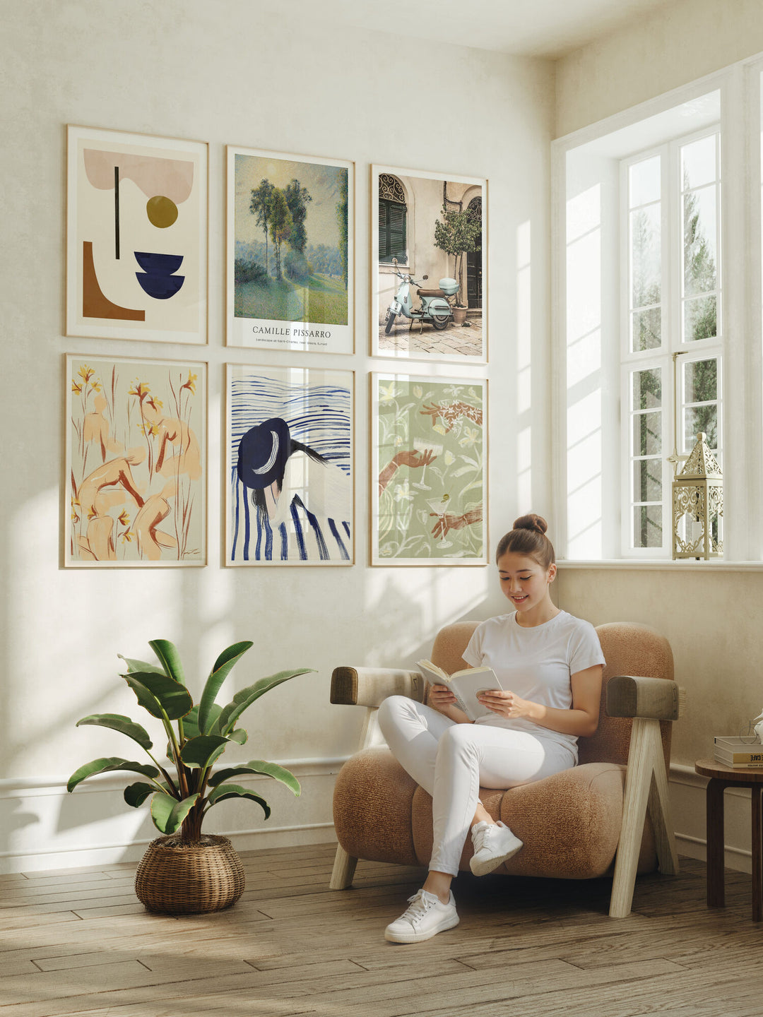 Gallery Wall Frames  Mockup with Person,6 Frames DIN A Wood Frame,Wall Art Mockup,Psd Smart Object
