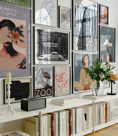 Gallery wall mockup with glass reflection for framed art and digital print listings