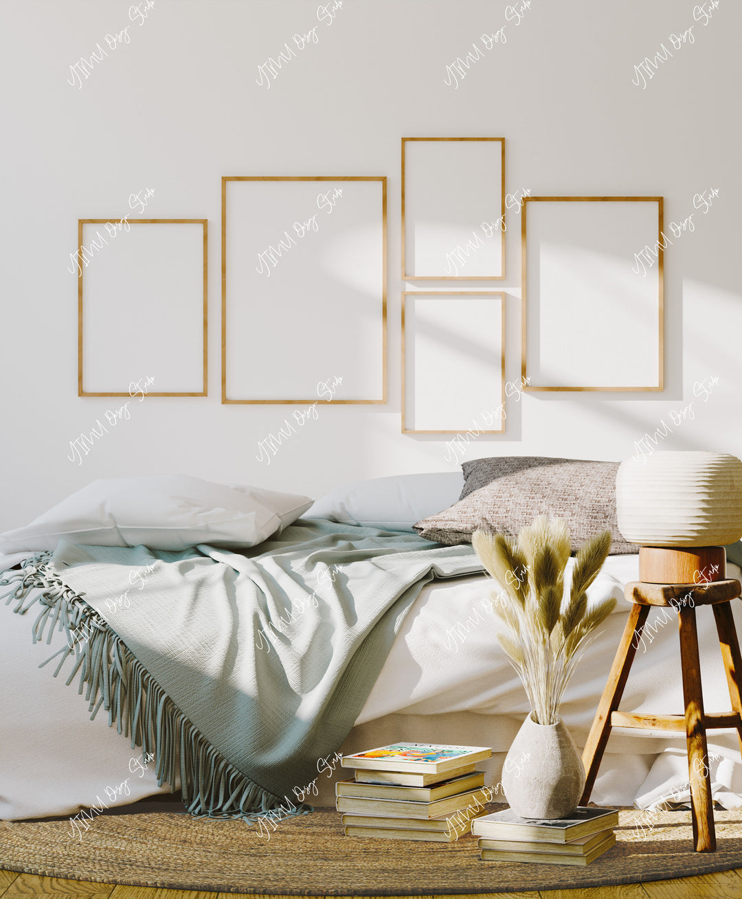 5 Frames Gallery Wall Mockup in Bedroom,Wall Art Mockup