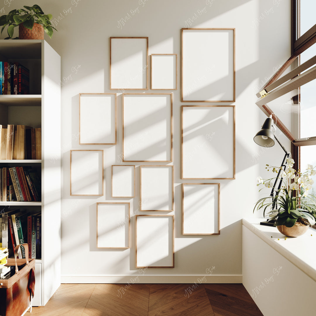 Set of 12 Gallery Wall Frame Mockup,5x7 Wood Frame Mock-Up,Wall Art Mockup