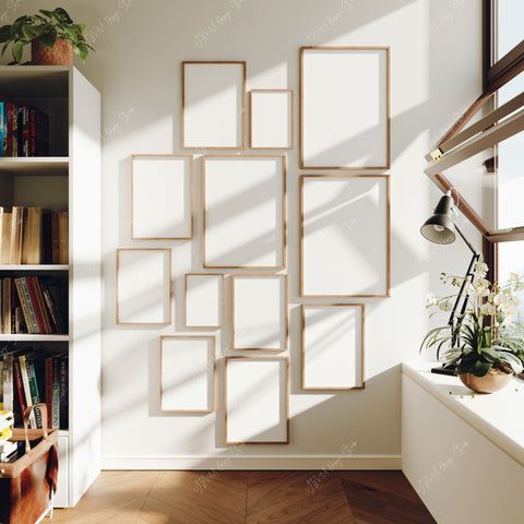 Large gallery wall mockup for 5x7 wood frame posters and printable art bundle