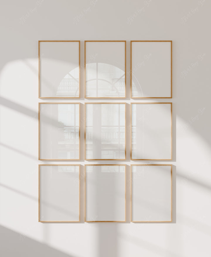 Set of 9 Gallery Wall Frame Mockup with Reflection,5x7 Wood Frame Mock-Up