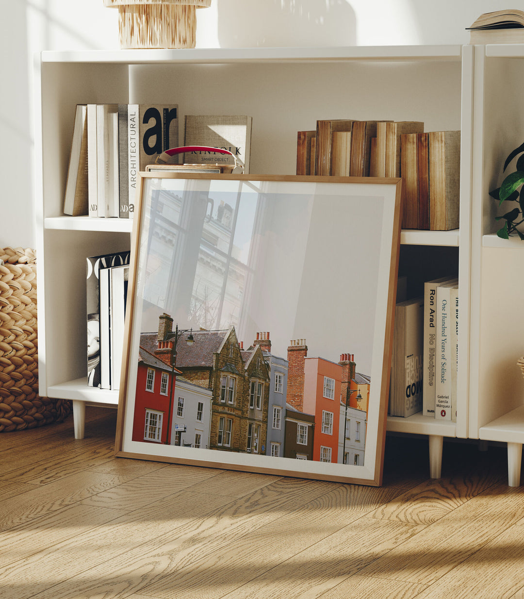 Square Wood Frame Mockup in home Interior with Reflection,Digital Art Display