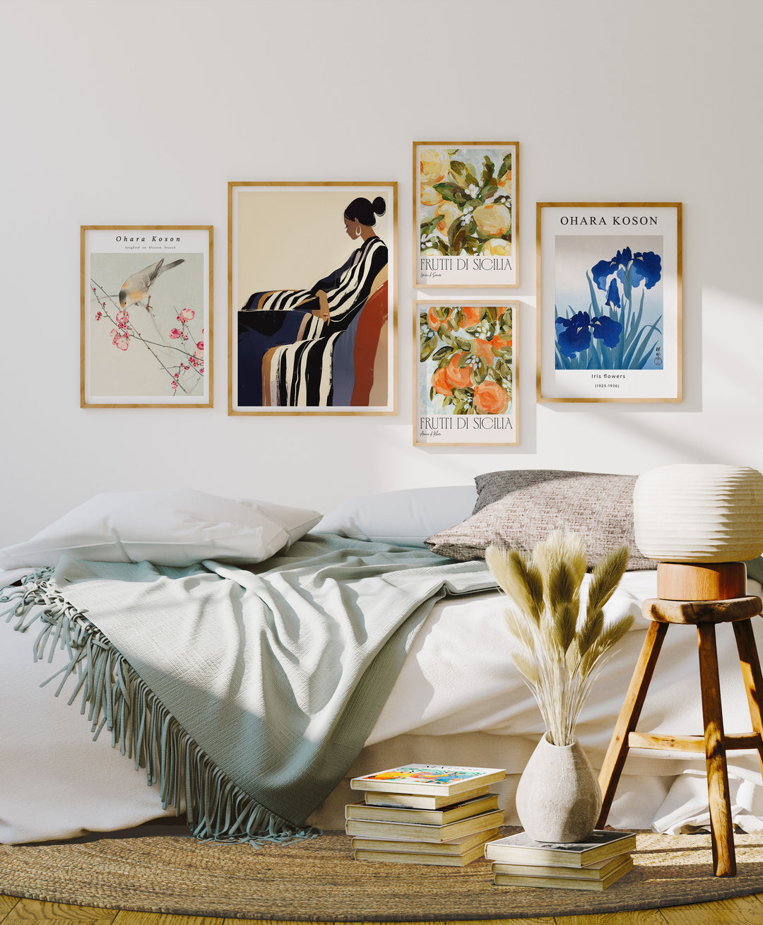 5 Frames Gallery Wall Mockup in Bedroom,Wall Art Mockup