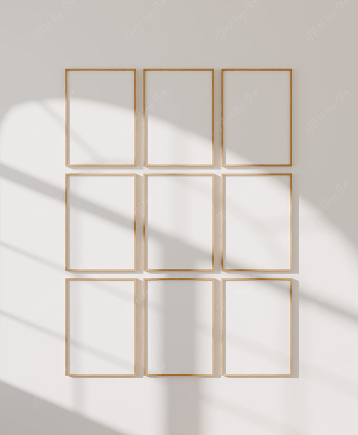 Set of 9 Gallery Wall Frame Mockup with Reflection,5x7 Wood Frame Mock-Up