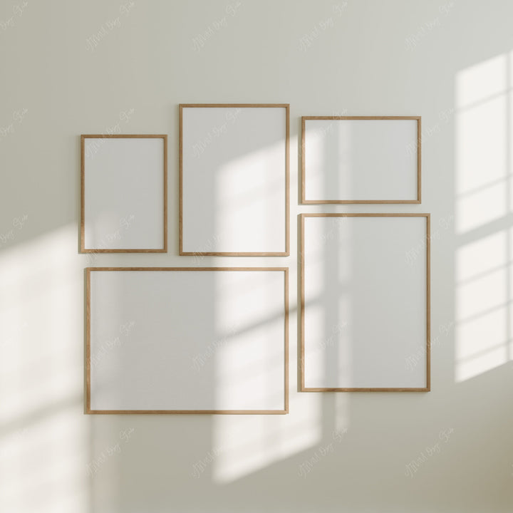 Set of 5 Gallery Wall Mockups,Minimalist 5x7 Wood Frame Mock-up,Wall Art Mockup