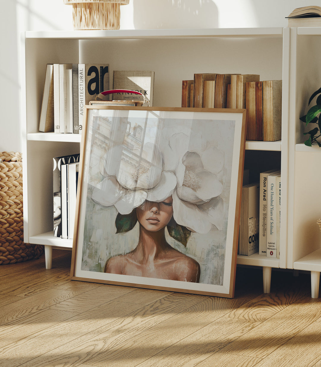 Square Wood Frame Mockup in home Interior with Reflection,Digital Art Display