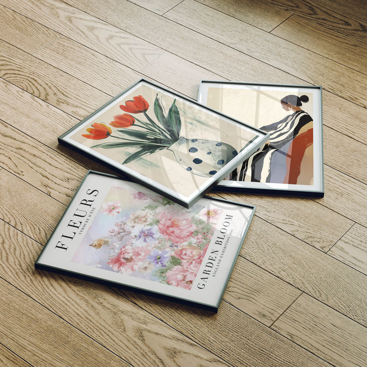 Set of 3 Black Frame Mockup on Wood Floor with Reflection,3x4 Picture Frame Mockup