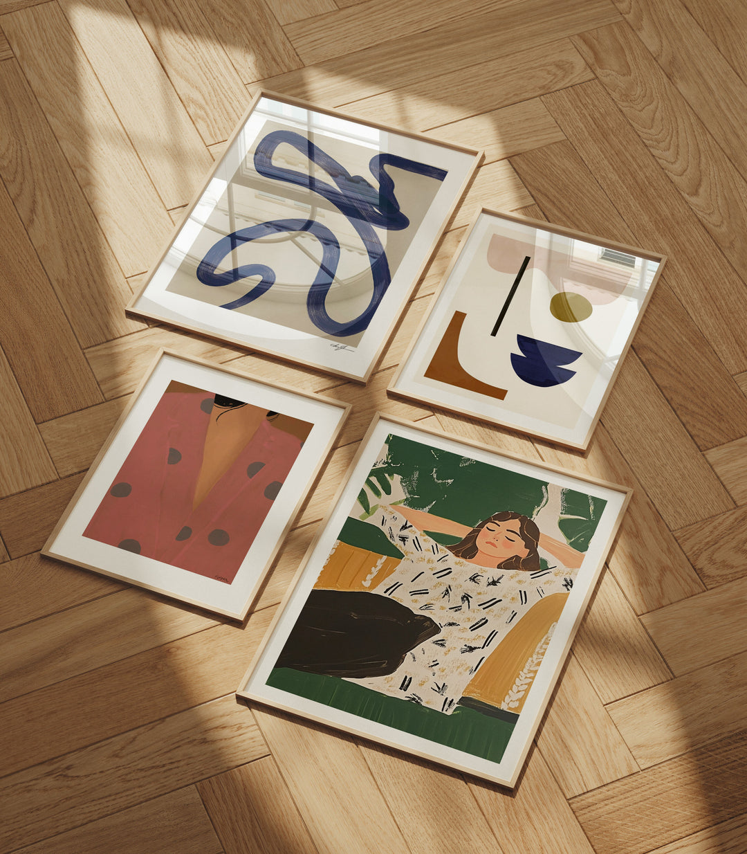 Set of 4 Wood Frames Mockup on Wooden Floor,3x4 Ratio Wood Frame Mock-Up,Digital Templates