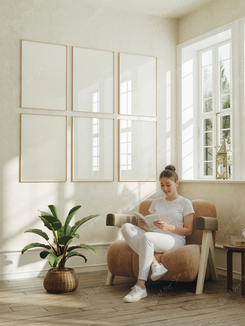 Gallery Wall Frames  Mockup with Person,6 Frames DIN A Wood Frame,Wall Art Mockup,Psd Smart Object