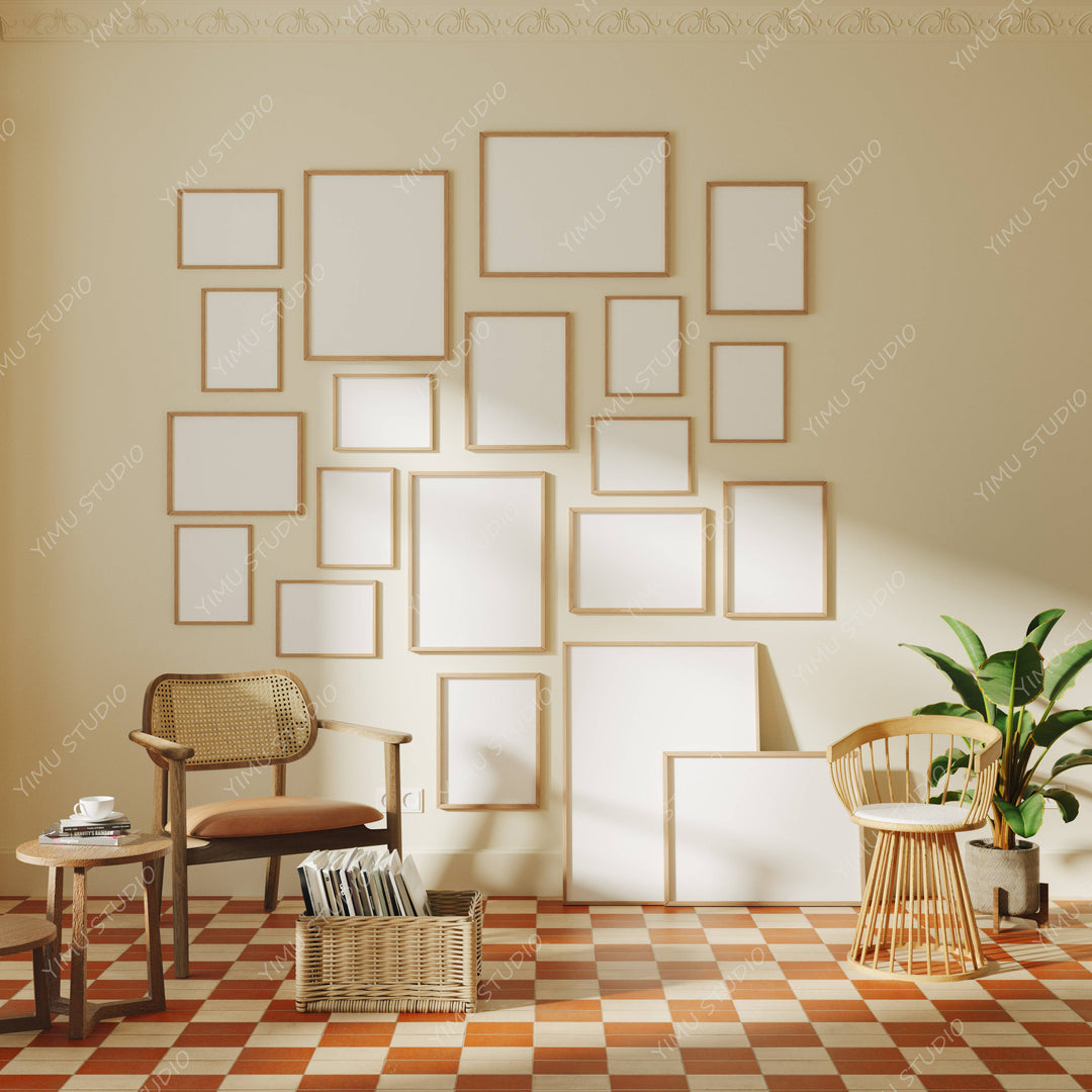 Gallery Frame Set Mockups,20 Frames Wood Frame Mockup 3x4 Room Wall Art Mockup