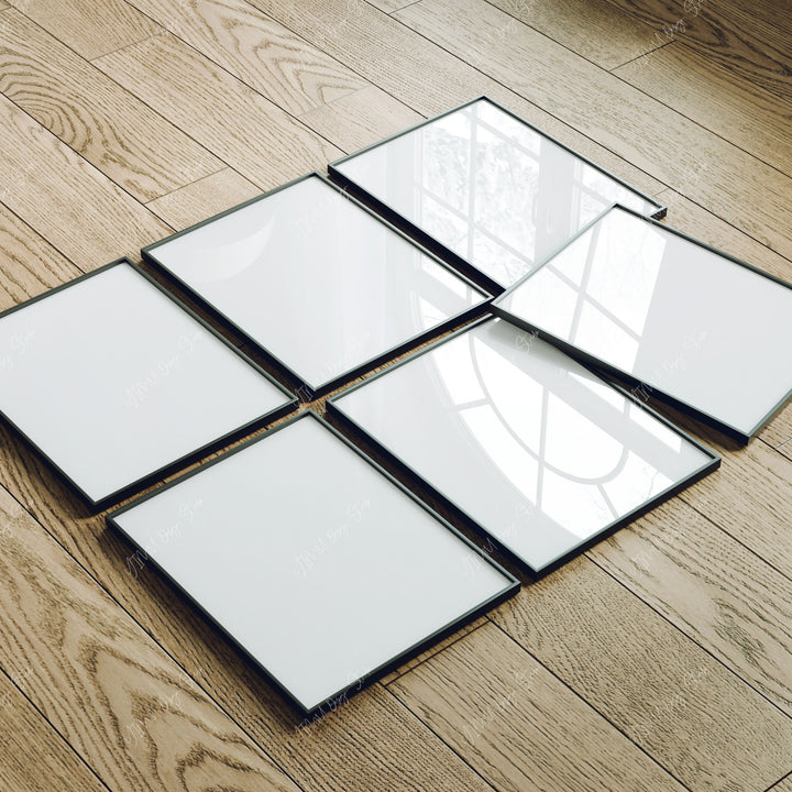 Set of 6 Black Frame Mockup on Wood Floor with Reflection,3x4 Picture Frame Mockup