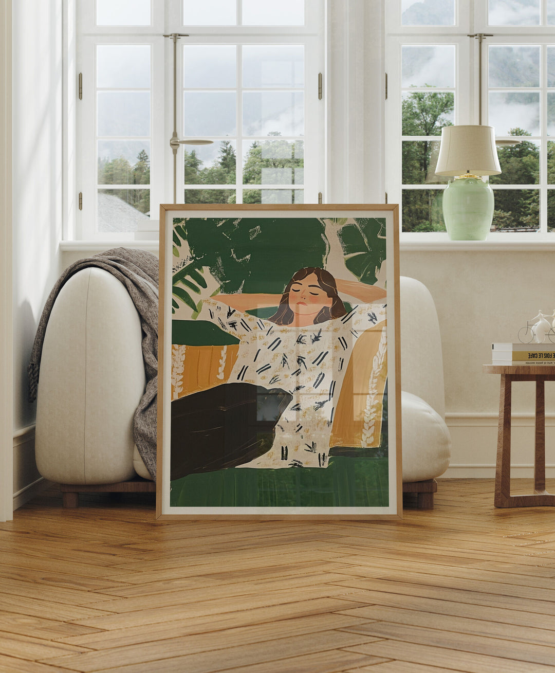 Wood Frame Mockup in Living Room,3x4 Ratio Frame Mock-Up with Reflection,Artwork Mockup